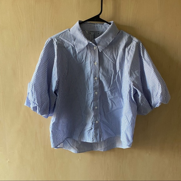 NWT Zara Striped Puff Sleeve Button Shirt - Picture 2 of 3